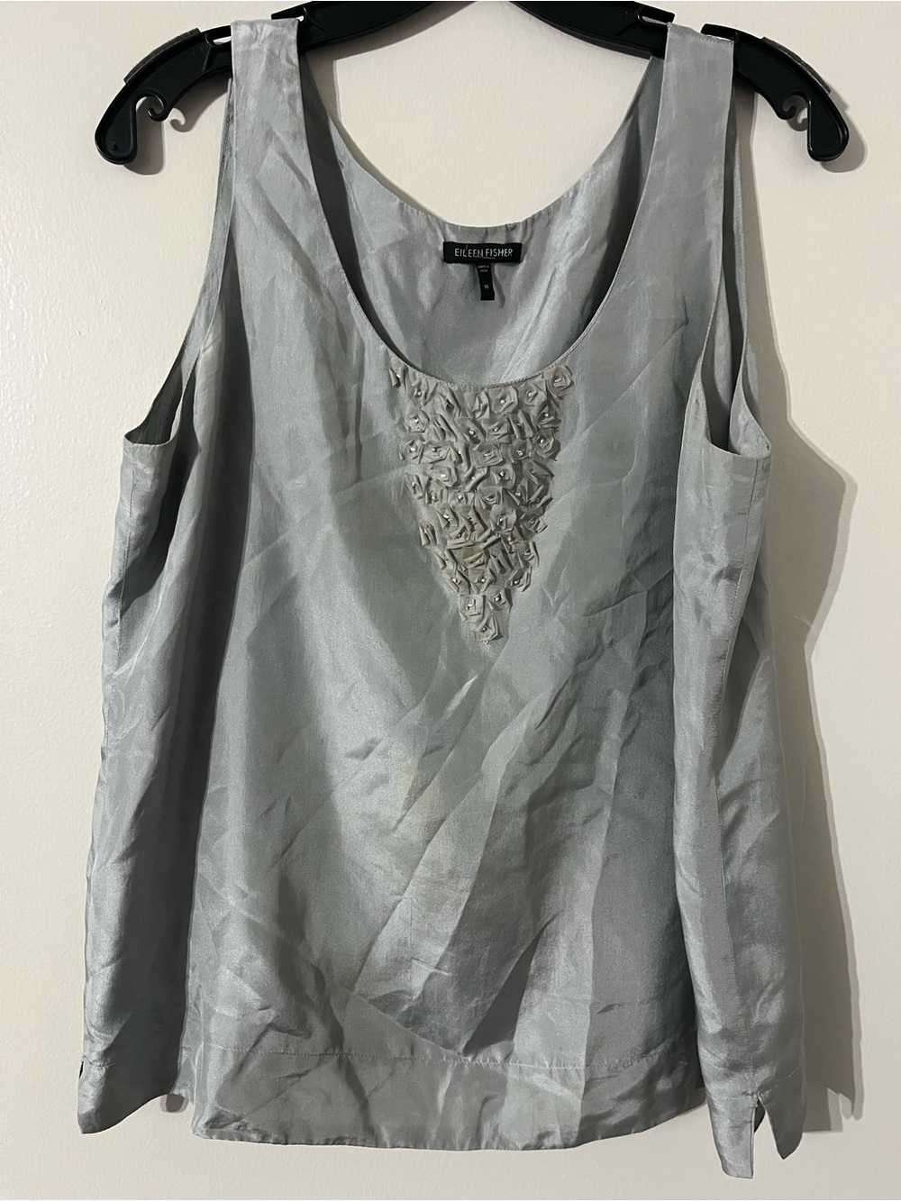 Eileen Fisher Silver Scoop Neck Embellished 100% Silk Tank Sz M